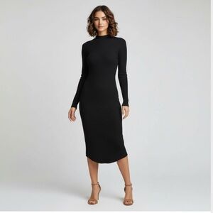 Revamped Mock Neck Ribbed Black Long Sleeve Sweater Dress